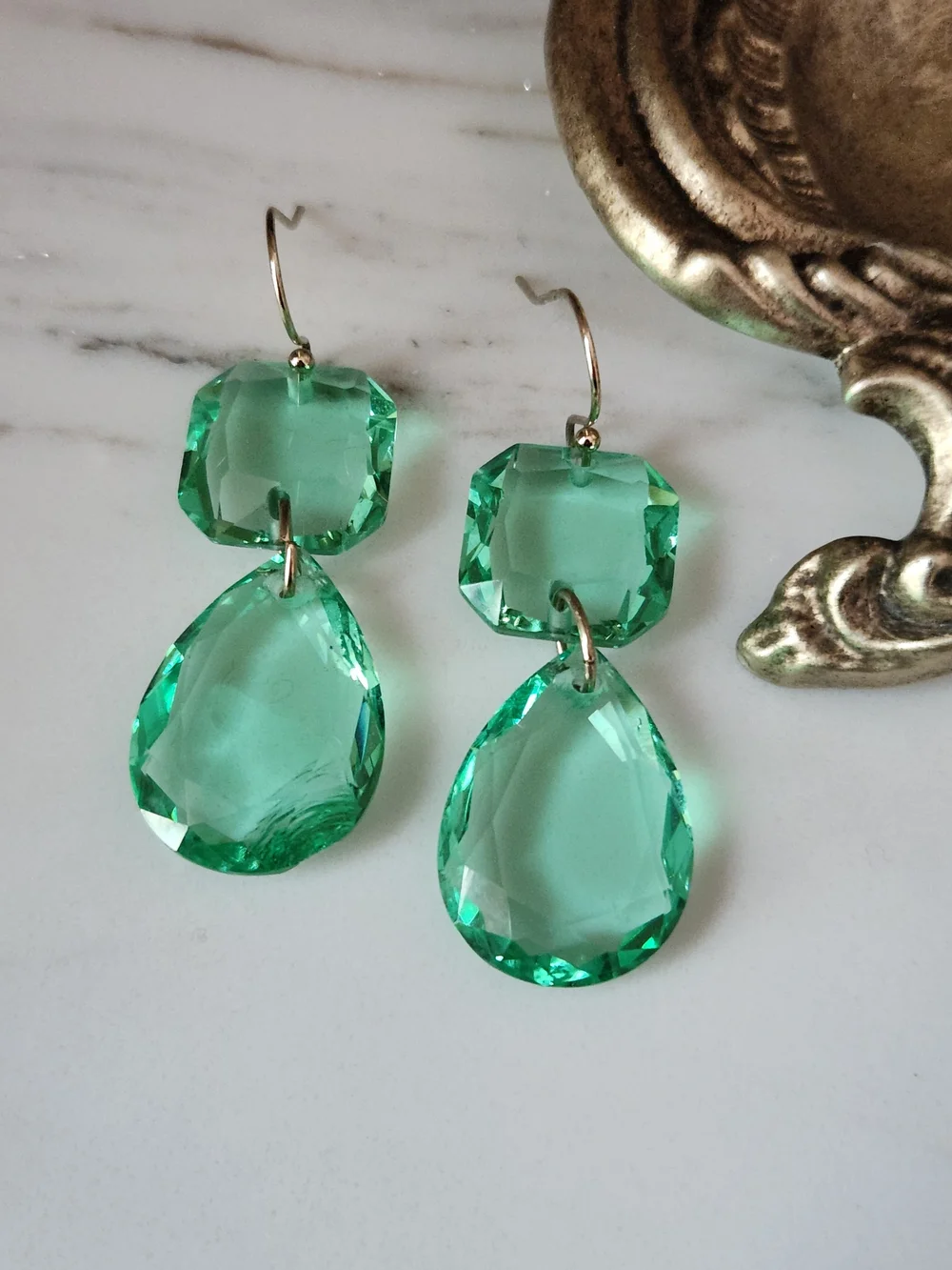 Green Faceted Teardrop Dangle Earrings - Unbranded